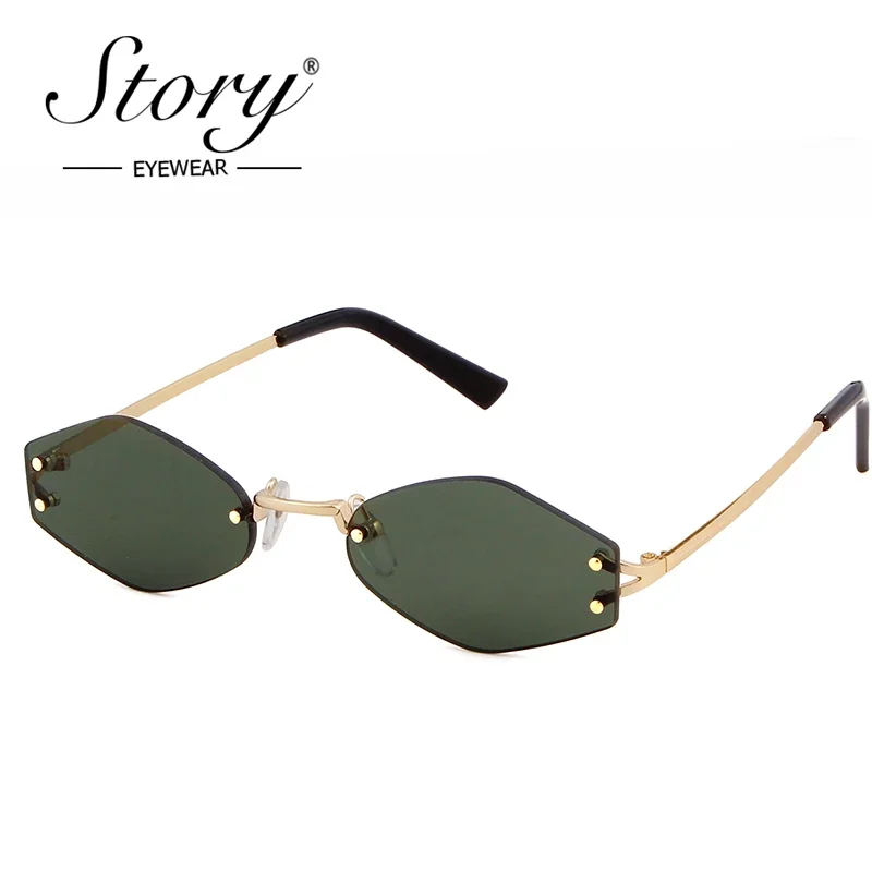 STORY Brand Small Rimless Sunglasses Male Femal Vintage Retro Rhombus Transparent Sun Glasses Green Lens Shades UV400 Female