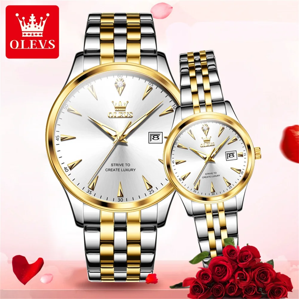 OLEVS Original Certified Brand Couple Watch Stainless Steel Fashion Watch for Men and Women Waterproof Date Luxury Wristwatch