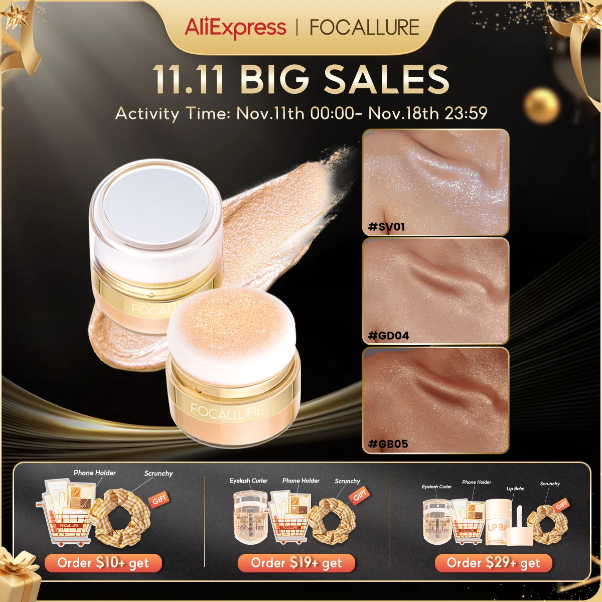 FOCALLURE Glitter Bronzers Highlighter Powder Palette Makeup Shimmer Illuminator Face Contour Blusher Body Highlighter Cosmetics