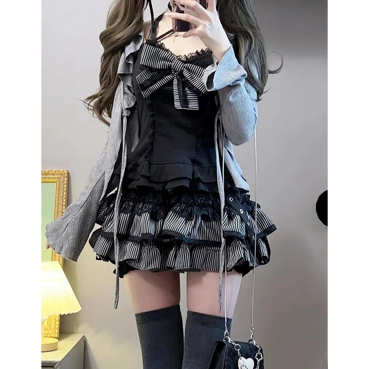 MAGOGO Sweet and adorable Halloween Lolita grey lace-trimmed ruffled cardigan with bow accents and strapless half-length skirt