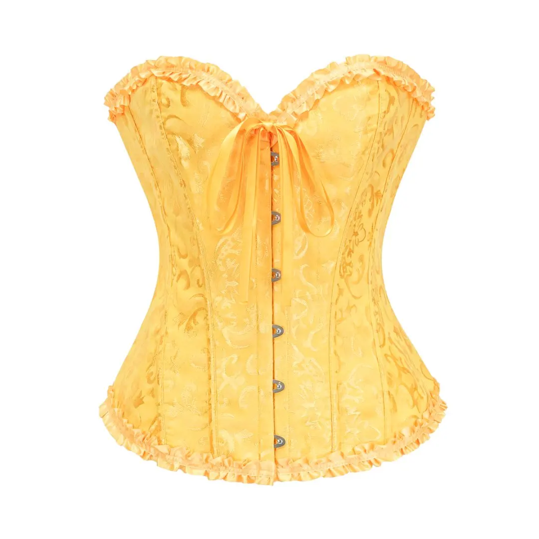 Yellow Dobby Lace-Up Ruffled Trim Overbust Corset Victorian Gothic Style Boned Women's Sexy Bustier Top Vintage Corsage