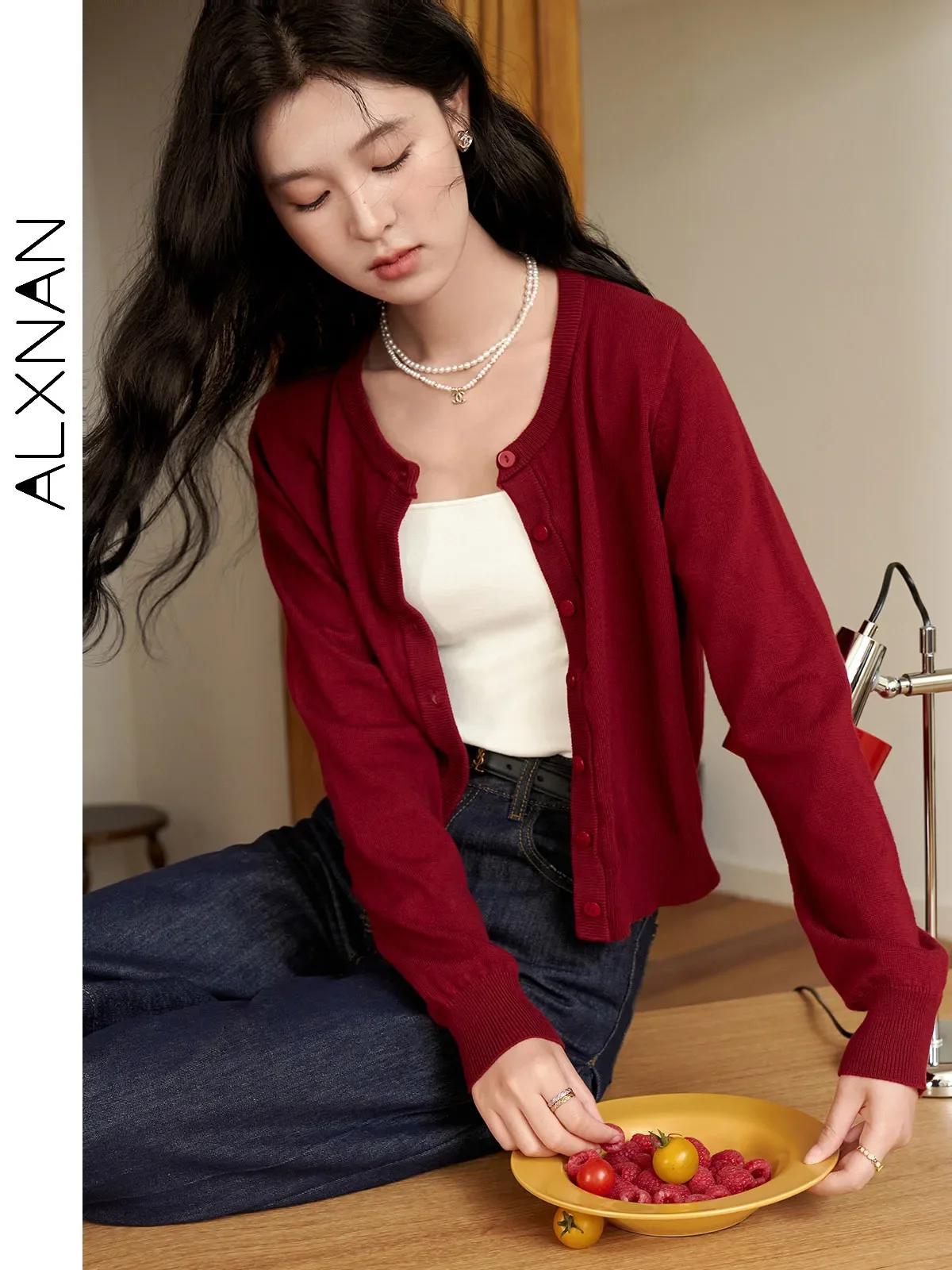 ALXNAN Solid Color Cardigan for Women Basics Simple O-neck Long Sleeve 2024 Autumn Winter Languid Slim Knitwear Female L39857