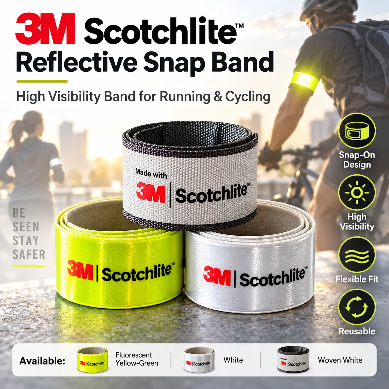 3M Scotchlite Reflective Snap Band High Visibility Reusable For Night Running Cycling Walking Wrist Arm Ankle 1PC 2PCS