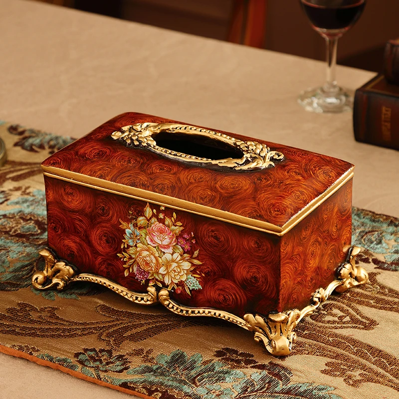 

European retro tissue box ornament high-end home living room bedroom bedside carton high-end wood grain decoration