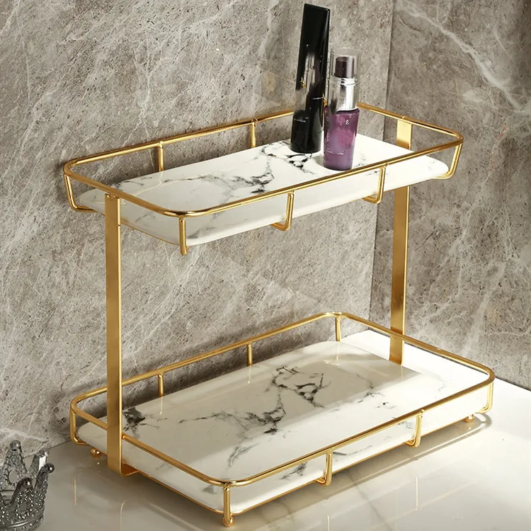 

Double Layer Cosmetic Desktop Storage Rack Dressing Table Metal Bathroom Basin Rectangular Ceramics Organize Shelf