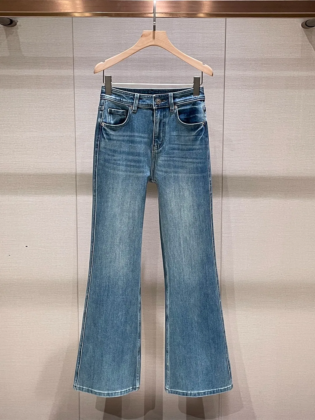 

Американские ретро Sle Bell Bot Джинсовые джинсы с высокой талией Slim Fit Женские синие длинные брюки Повседневные однотонные прямые брюки