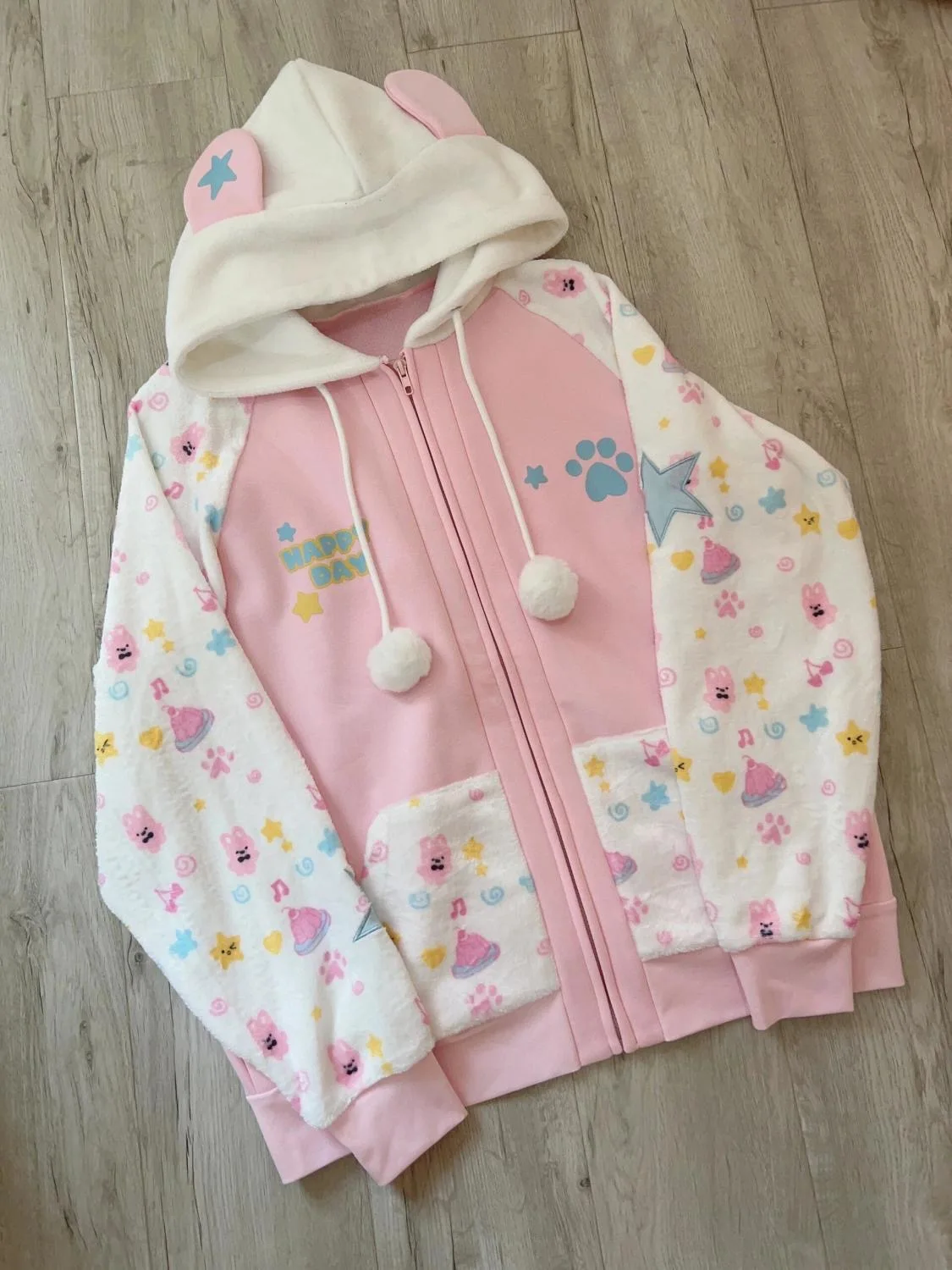 Harajuku Kawaii Coats with Hoodies Women Japanese Sweet Lolita Sweatshirts Kawaii Cartoon Print Y2k Overcoat Fashion Clothes Top