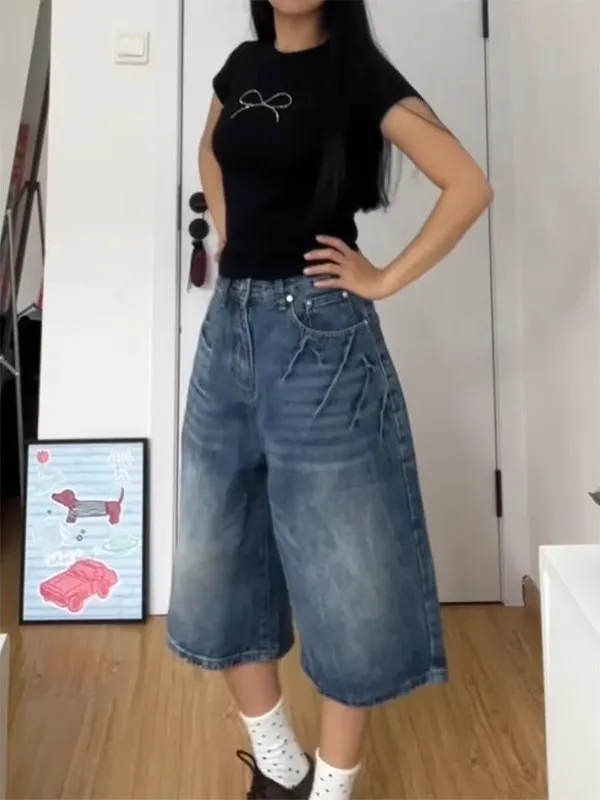 ハイウエストワイドレッグデニムショーツ女性の夏の新スタイルルーズフィットライトニングパターンストレートカット7インチショーツ