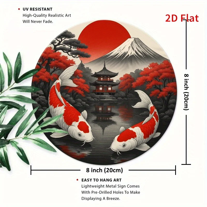 2D Flat - A Metal Wall Art Featuring a Carp And Mount Fuji - a 2D Aluminum Sign with Vibrant Red And White Koi Fish Against a Se