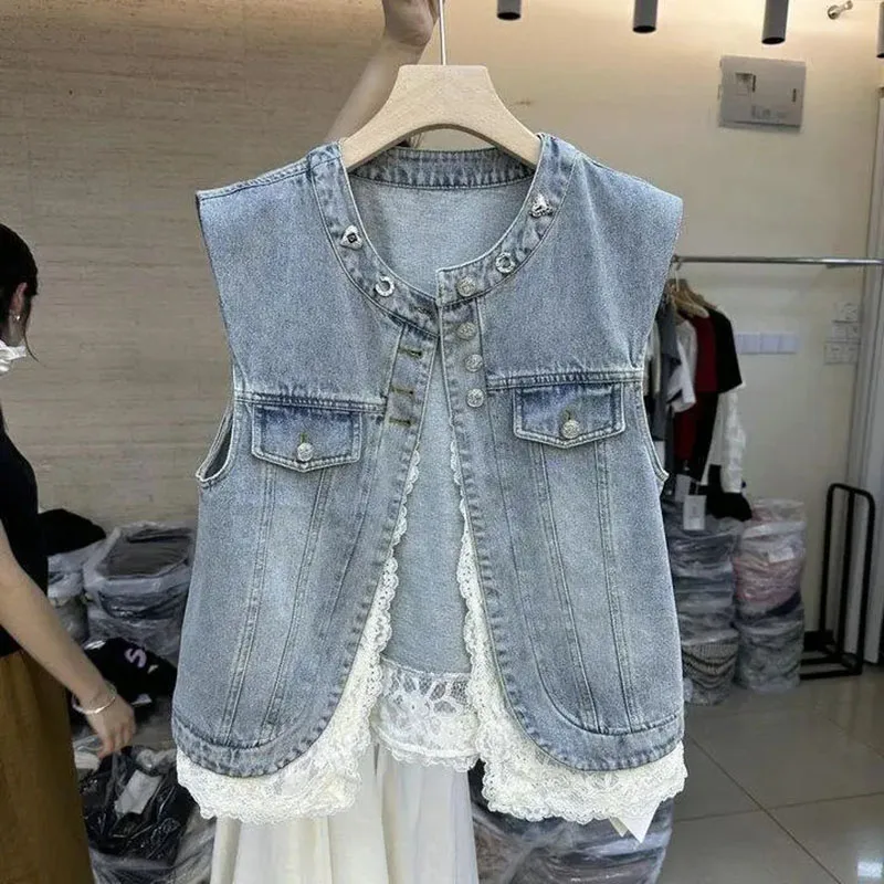 2026 Women's Summer New Vest Letter-encrusted Diamond Round Neck Sleeveless Lace Splicing Denim Ves