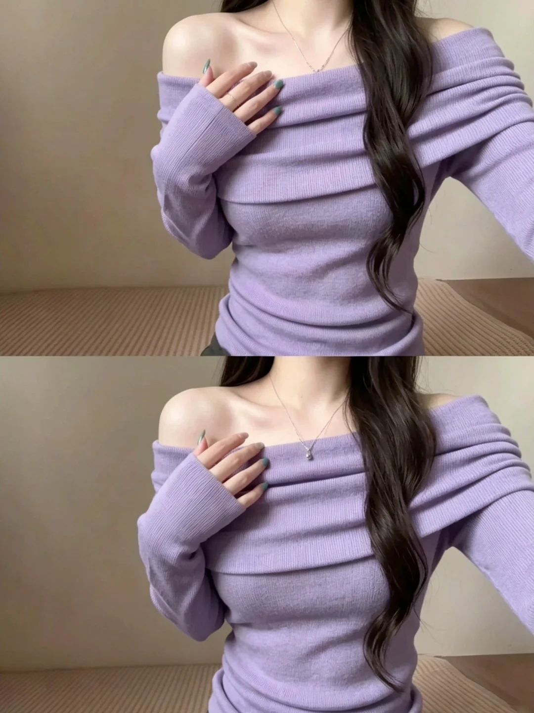 Shoulder Bared Knitted Sweater Women's Slim Fit Long Sleeve Breathable Comfortable Korean Style Purple Taro Base Shirt