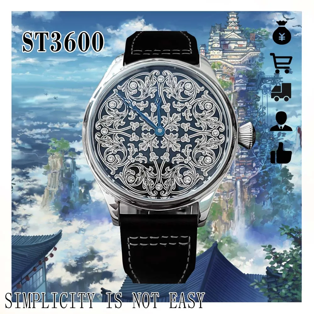 Men's 44MM Big Flying Engraved Sapphire Glass Watch with Leather Strap with ST3600 Manual Movement