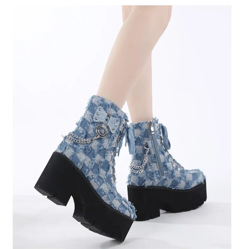 New Denim Blue Checkered Rivet Buckle Chain Short Boots Autumn Winter Side Zipper Thick Sole Cross Strap Women Boots Size 35-43
