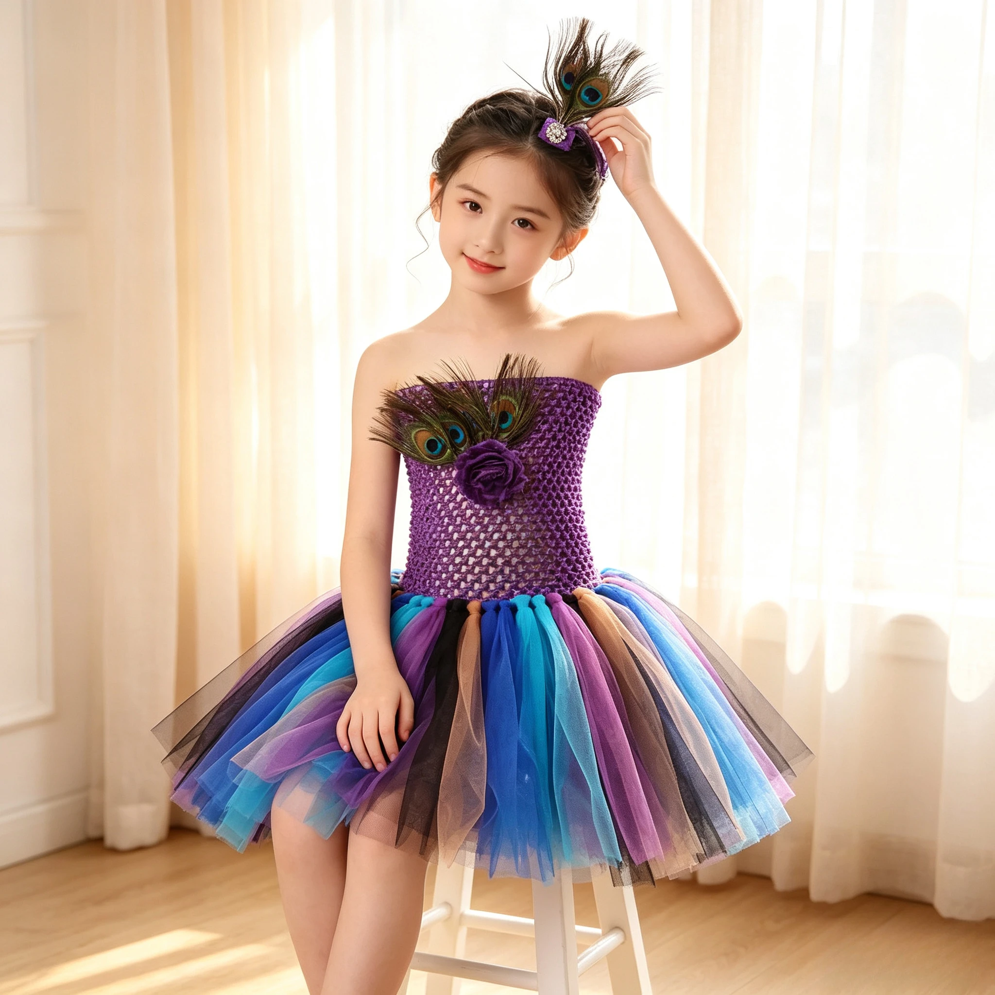 New Halloween Peacock Feather Embellished Tulle Tutu Dress Layered Airy Mesh Gown Plush Ruffled Voluminous Elegant Formal Outfit