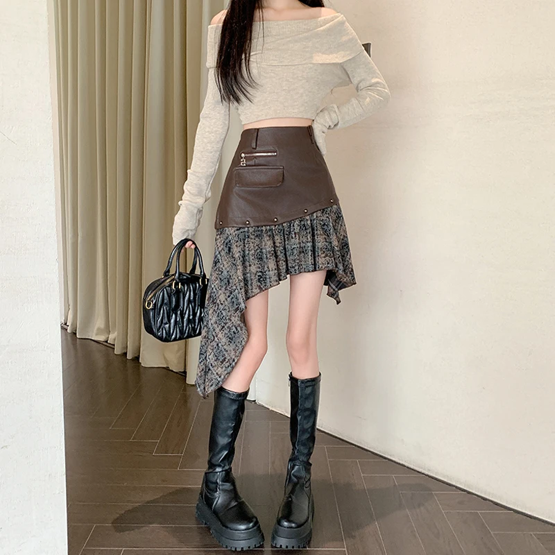 

American High Waist ort Skirt Women's Asymmetric PU Leather Skirt Faionable Slimming Design Spring Autumn New Sle