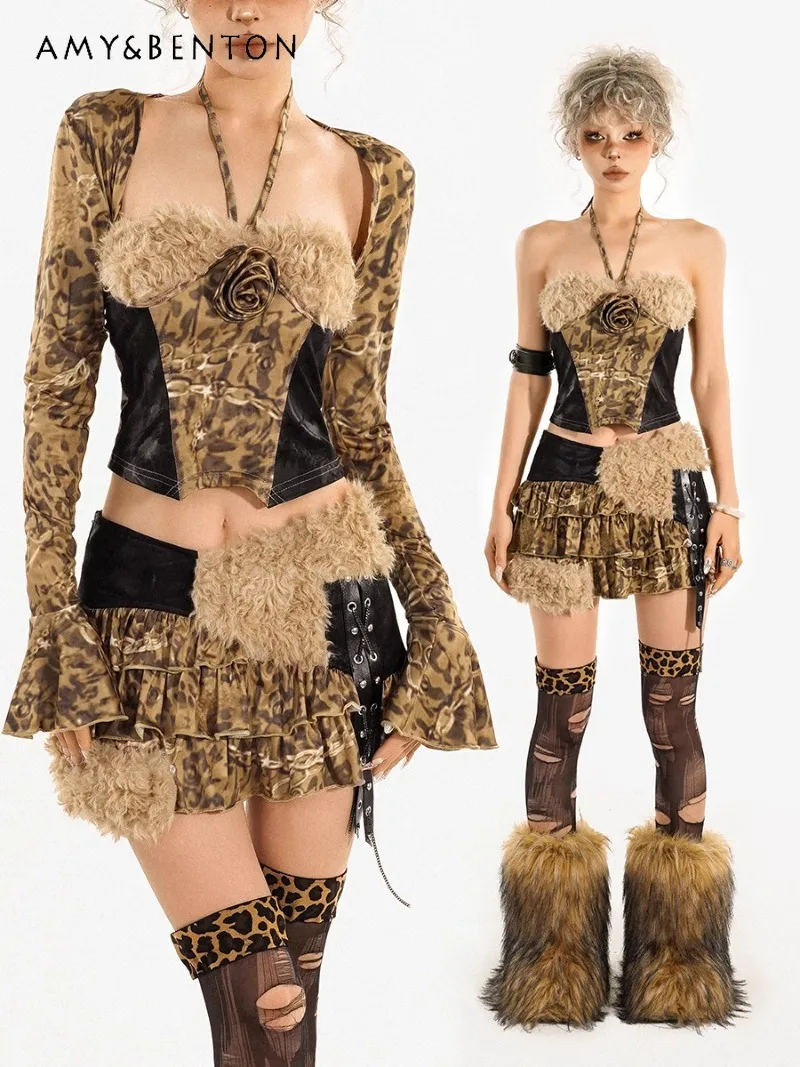 

2025 новый американский супер короткий леопардовый принт Millennial, универсальный модный персонализированный топ-труба с шалью для женщин