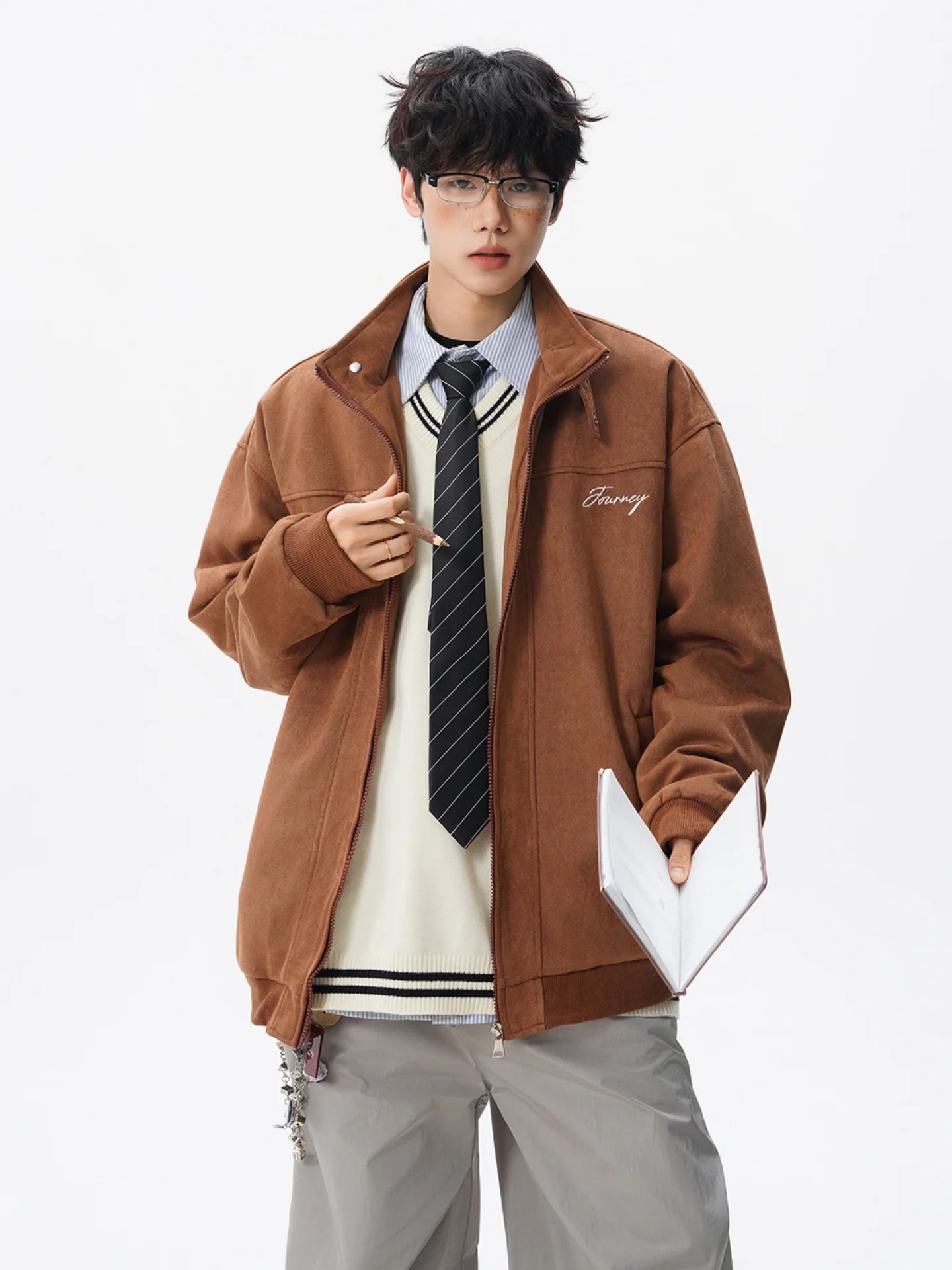 

Men's Suede Flight Jaet Loose Fit Stand Collar Casual Autumn Outerwear American Retro Sle Youth ular Zipper Closure Coat