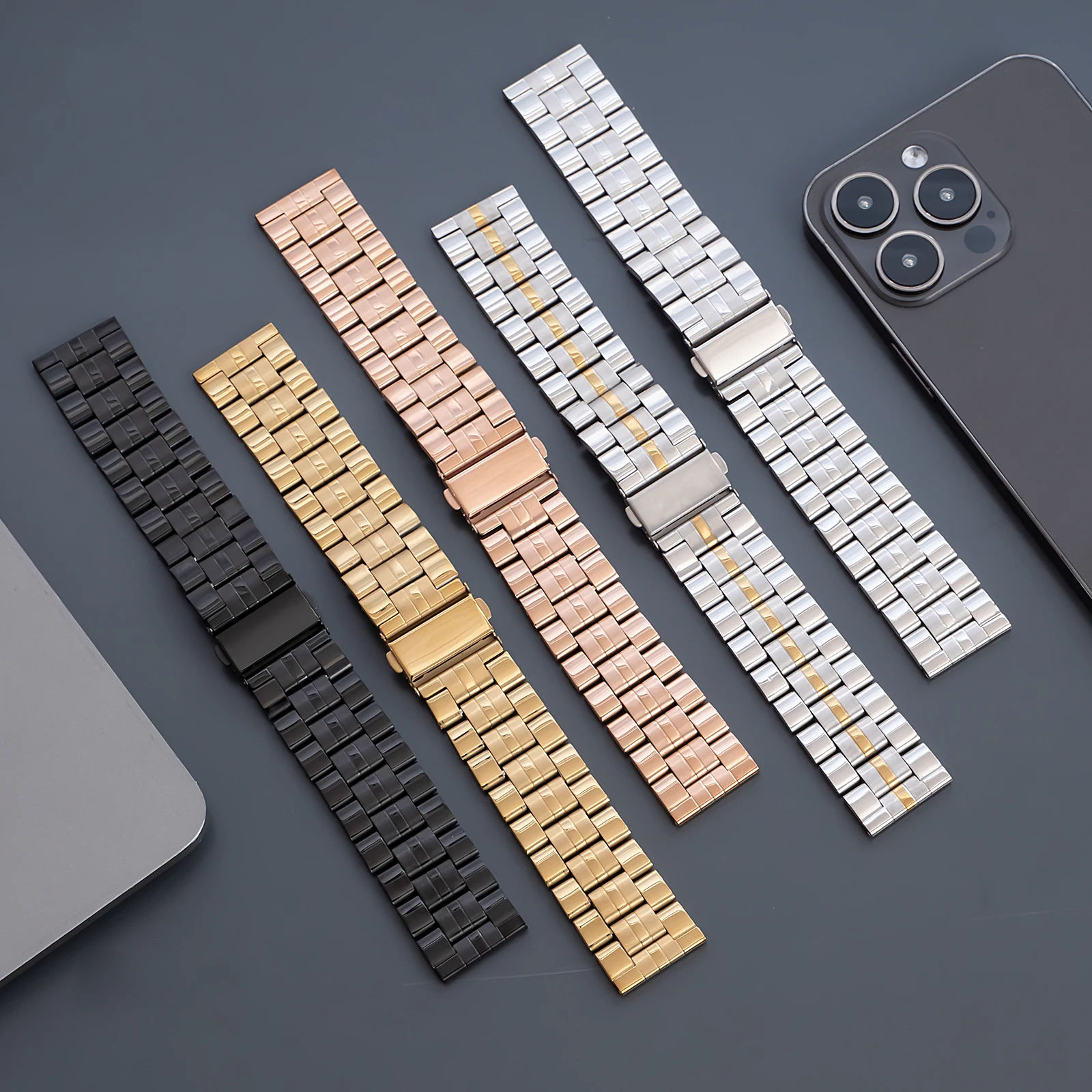 Compatible with Apple Watch Series 9/8/SE, three-bead stainless steel metal watch strap, Huawei GT4/5 watch band
