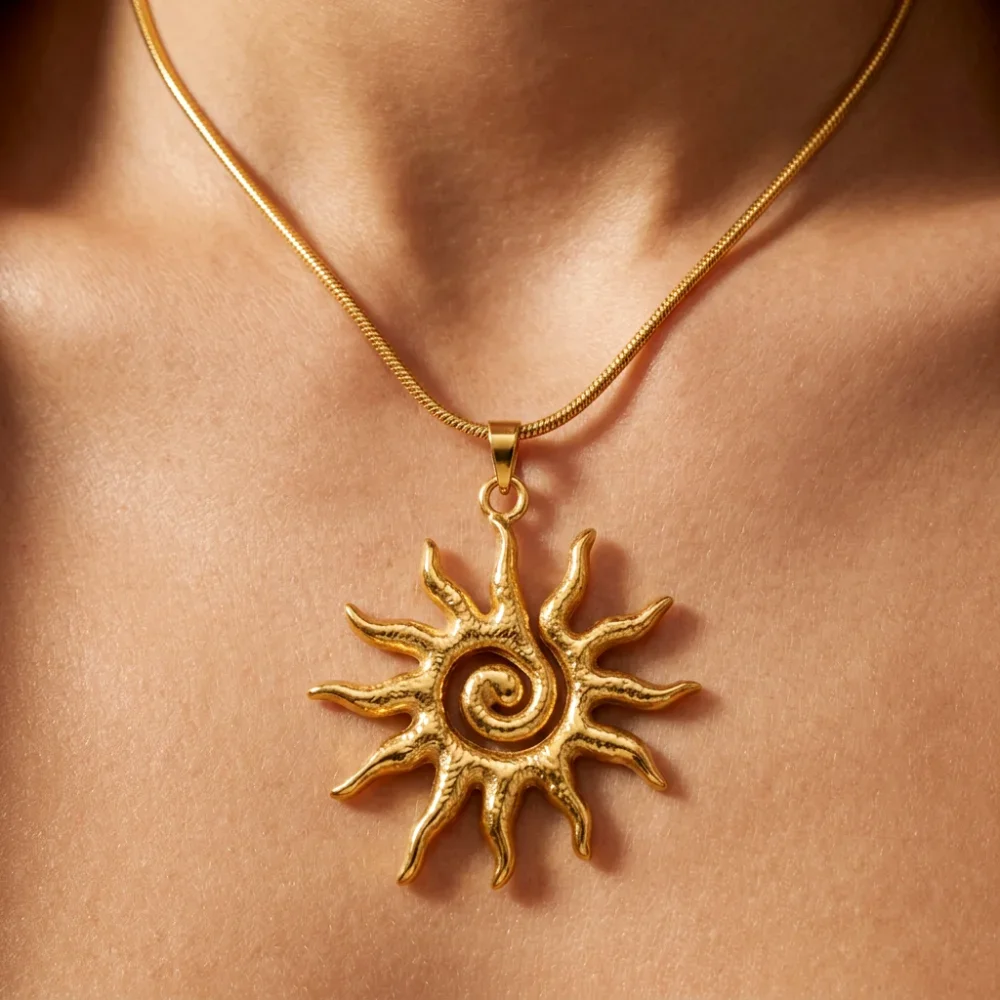 Boho Sun Radiant Solar Charm Pendant Stainless Steel Necklace for Women Vintage Spiral Textured Summer Beach Waterproof Jewelry