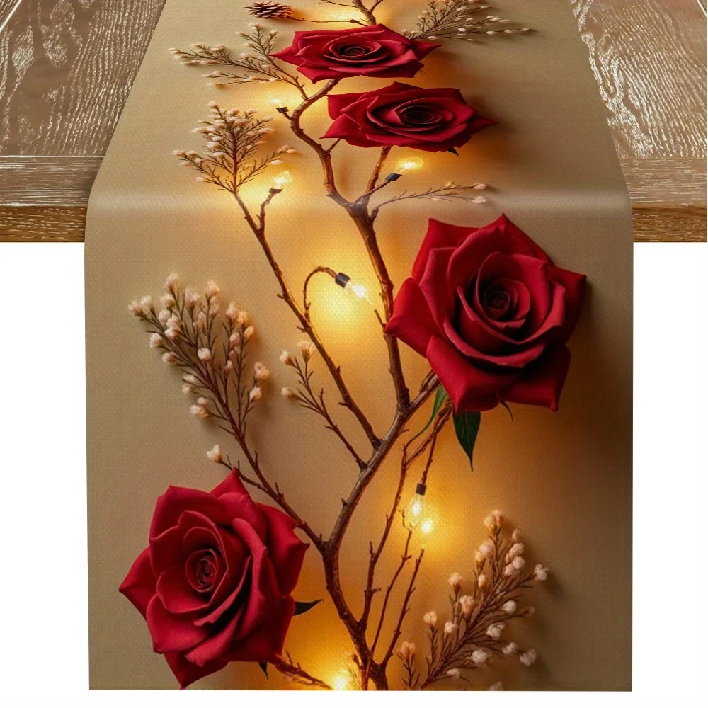1 Piece of Elegant Red Rose with Delicate Branches and Twinkling Lights Table Runner - Suitable for Modern Minimalist Home Decor, Art Studios, Model Room Decoration, Light Luxury Restaurants, and Minimalist Exhibitions