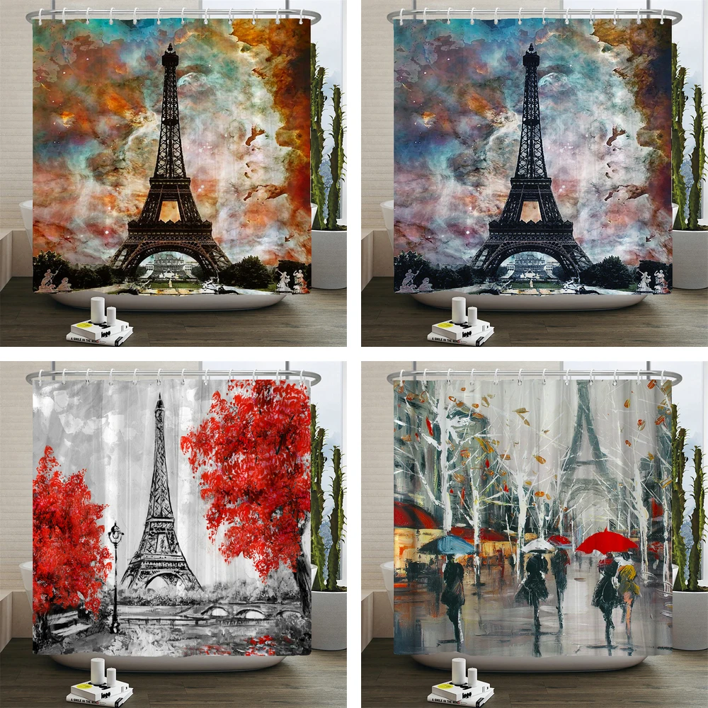 

Waterproof Shower Curtain Starry Paris Tower Scenery Washable Fabric Bathroom Polyester Bath Curtain With Hooks Decor Curtain