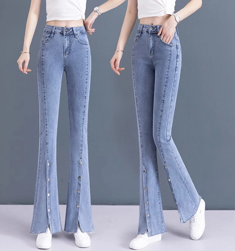 

High Waist Wide Leg Bell Bottom Jeans for Women Spring Autumn Fashionable Elegant Fish Tail Slit Design All Seasons Denim