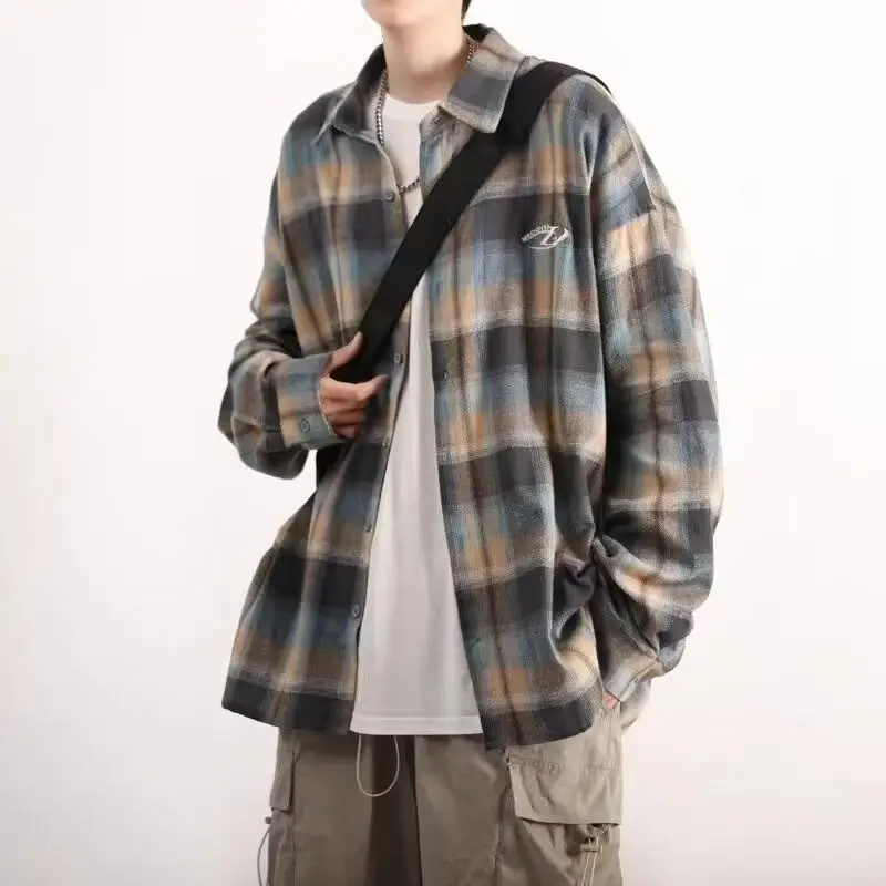 Retro Plaid Shirt Jacket Contrast Color Men's Long Sleeve