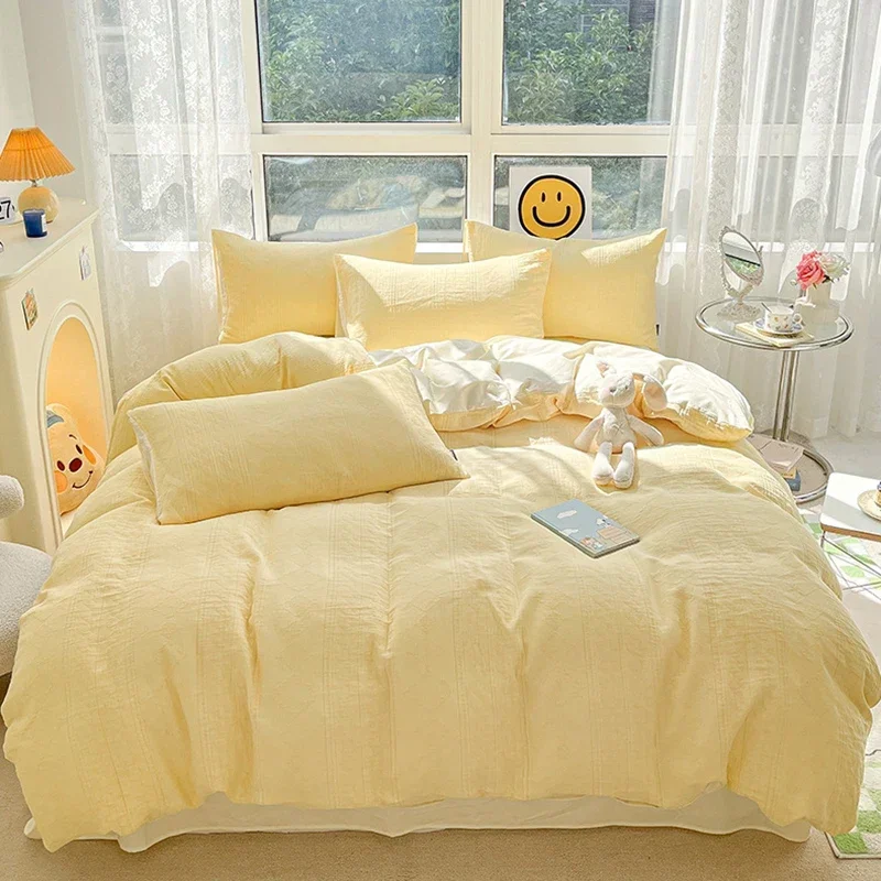 

Super Soft Three-Layer Yarn Pure Cotton Bedding Set 3D Jacquard Skin Friendly Breathable Bedclothes Solid Comfort Set for Adult