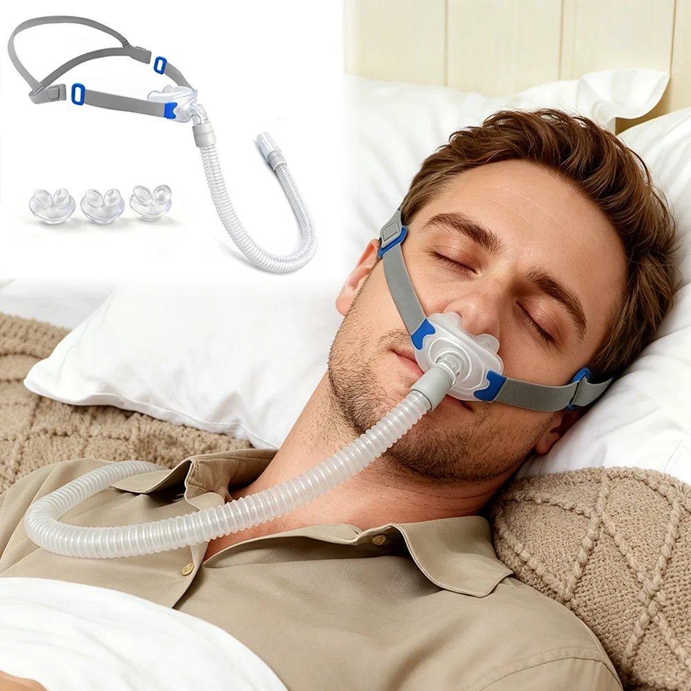 連続陽圧呼吸療法（cpap-bipap）用鼻枕マスク、取り外し可能なヘッドギア、フェイスフレーム、呼吸チューブ、3種類のサイズ（s、m、l）の鼻枕セット付き。
