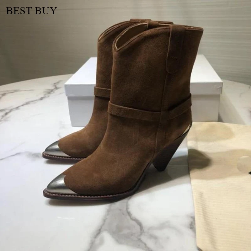 

big size 35-43 Metal decor pointed toe ankle boots real leather spike high heel chelsea boots runway shoes women cowboy boots