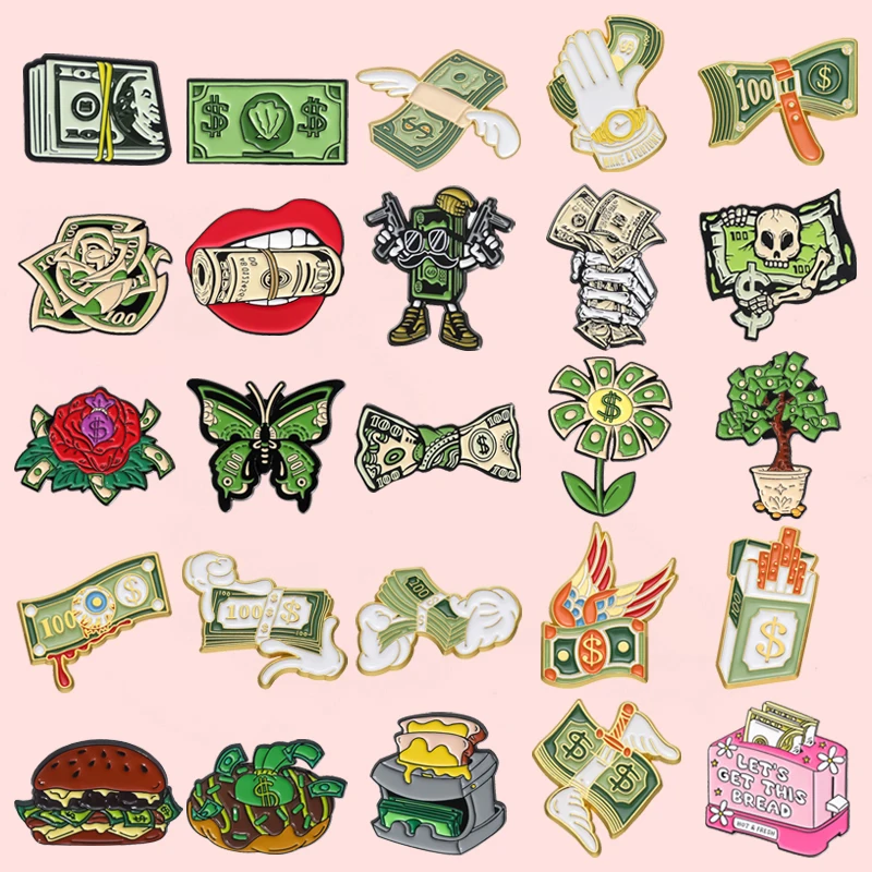 Money Collection Enamel Brooch Shell Dollar Geometric Banknote Lapel Badge Pins Jewelry Party Friends Gifts For Women Girls