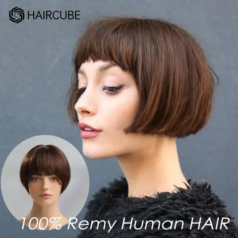 HAIRCUBE 자연 인간의 머리 가발 여성을위한 짧은 밥 가발 다크 브라운 계층화 된 스트레이트 레미 헤어 가발 내열성