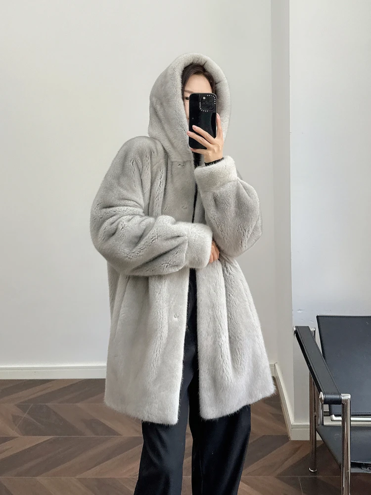 Fur Coat Women's Casual Loose Hooded Zipper Regular Mid-Length  Overcoats Whole Mink Basic Color Thickened Warm Winter Fashion