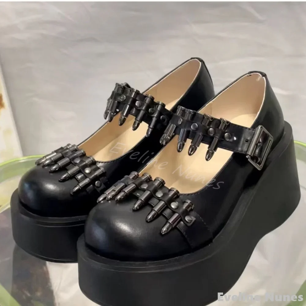 Bullet Studded Punk Loafers Women Big Toe Platform Shallow Hollow Belt Buckle Black Leather Lolita Shoes 2025 New Cool Girl Shoe