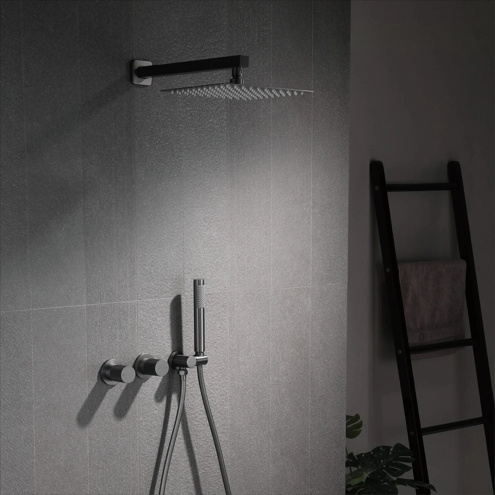 Luxury Bathroom Brass Gun Grey Wall-Mounted Shower System 2 function Embedded Bath Mixer Tap Dual Spray Rainfall/Handheld