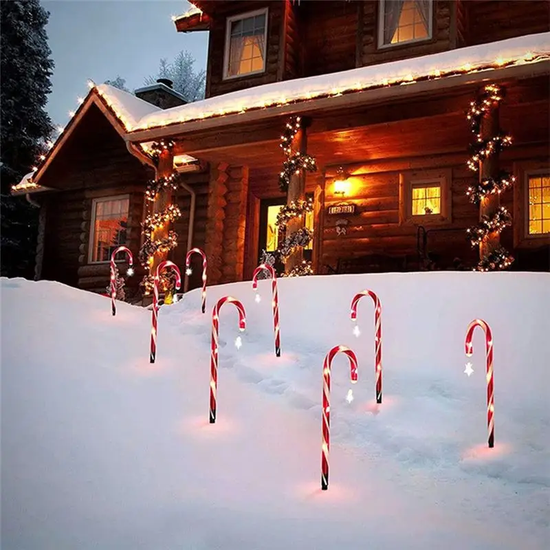 A44Z-Solar Christmas Cane Ground Lights Light String Candy Star Cane Lawn Landscape