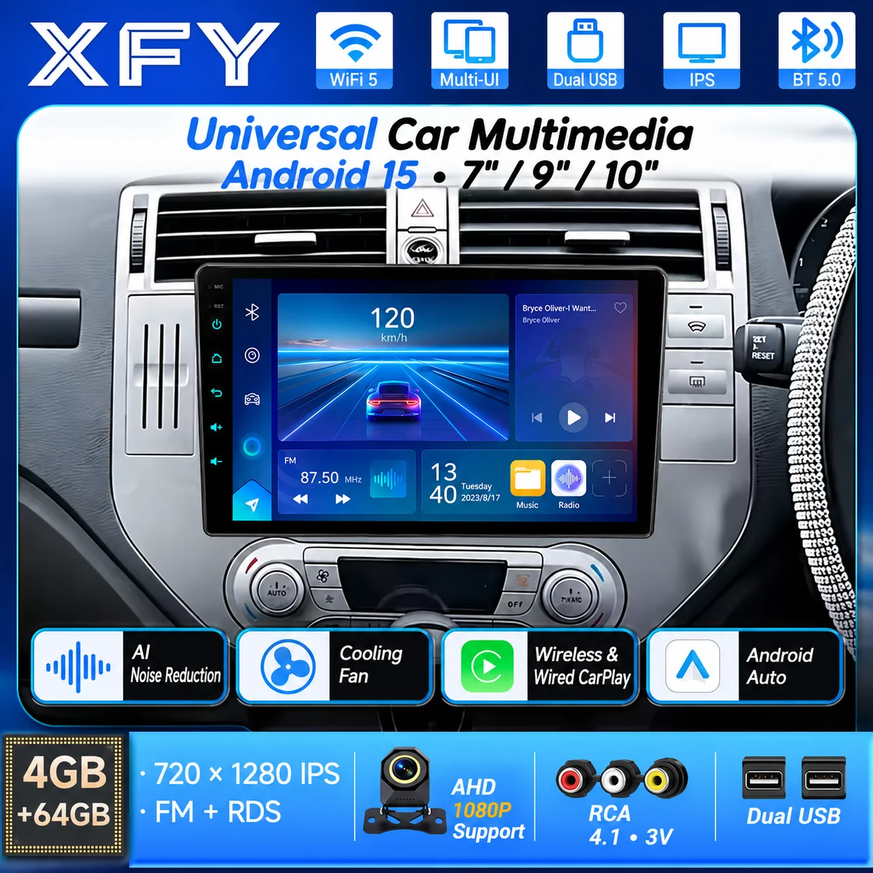 XFY Android Auto CarPlay Head Unit Wired & Wireless Android 15 4+64GB IPS WiFi 5 AHD 1080P Support Cooling Fan RCA 4.1 3V BT 5.0