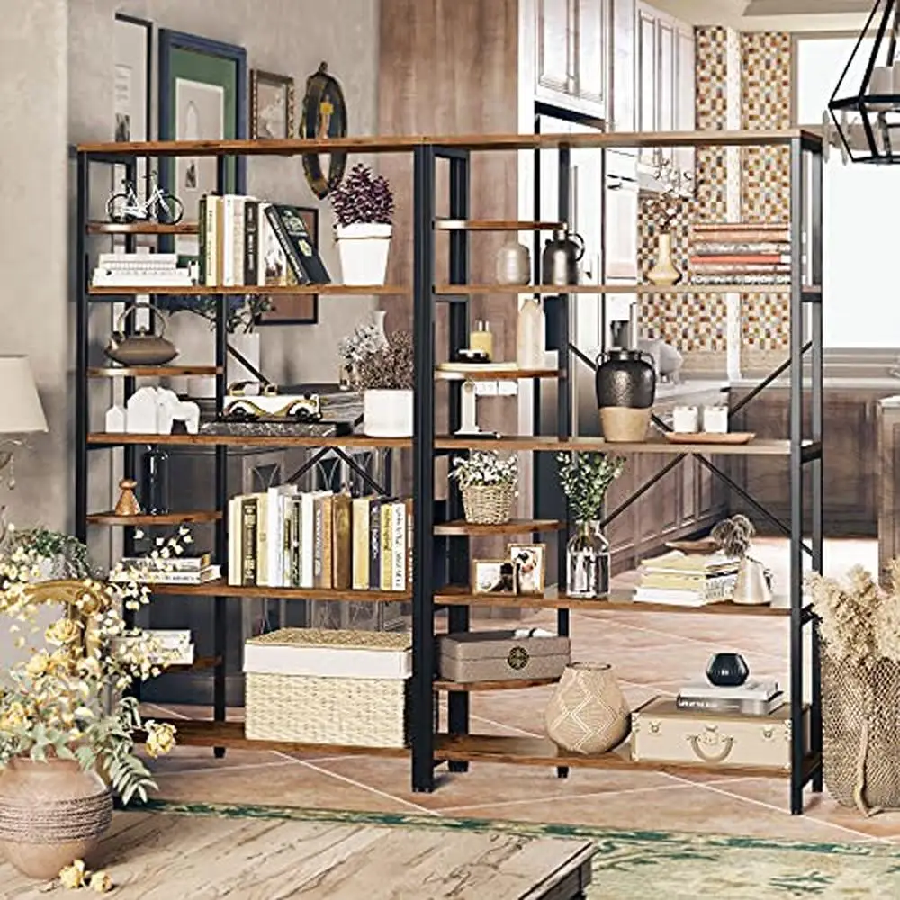 Rustic Corner Bookshelf 8 Tiers Storage Rack Plant Stand Ladder Shelf Industrial Style Home Office Living Room Iron Frame