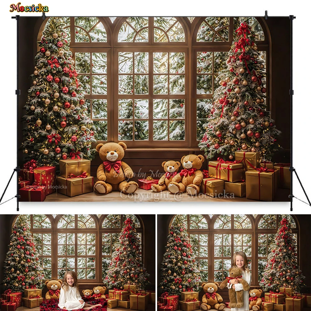Mocsicka 크리스마스 룸 창 배경 사진 녹색 크리스마스 트리 화환 커튼 배경 겨울 가족 아이 Photozone 스튜디오