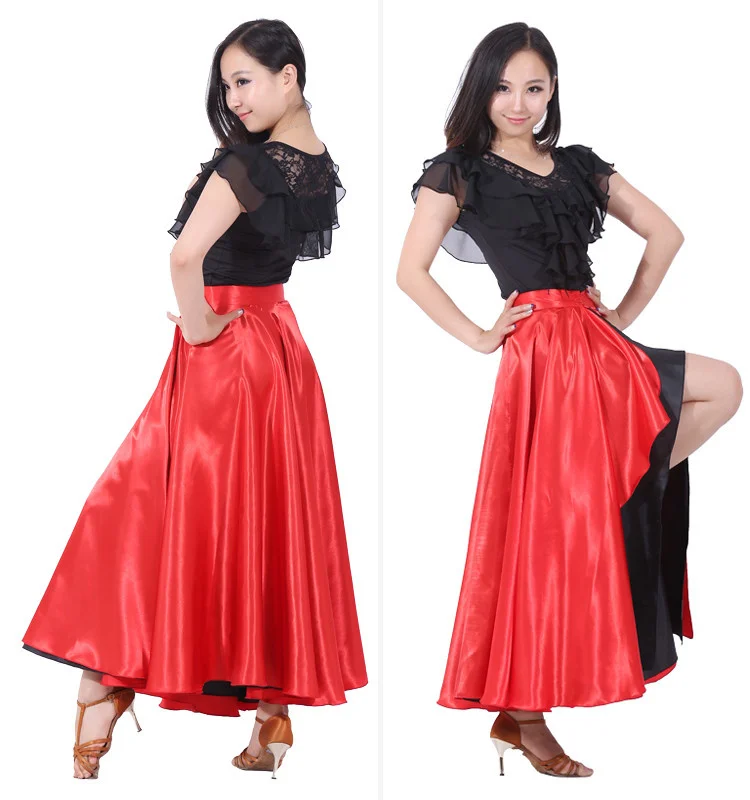 Belly เต้นรำกระโปรง Flamenco 360องศาสเปนกระโปรงเต้นรำ Belly Dance วงกลมใหญ่ละตินกระโปรง Swing เปิดเครื่องแต่งกายเต้นรำสีแดง