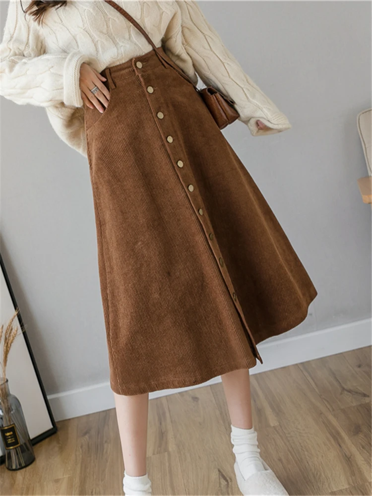 REALEFT Autumn Winter Corduroy Women A-Line Skirts 2022 New High Waist Solid Elegant Single Breasted Umbrella Midi Skirts Female