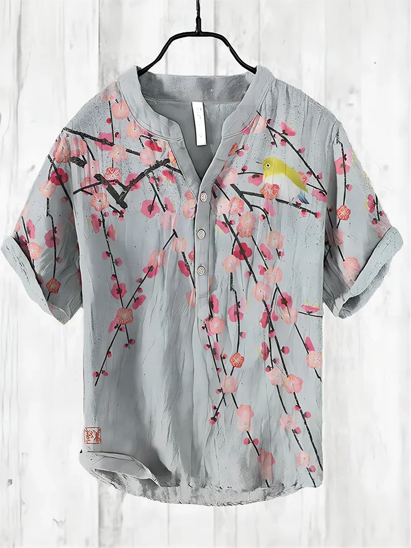 2024 summer fashion Men's v-neck button up Japanese art print short sleeved T-shirt Henley casual shirt