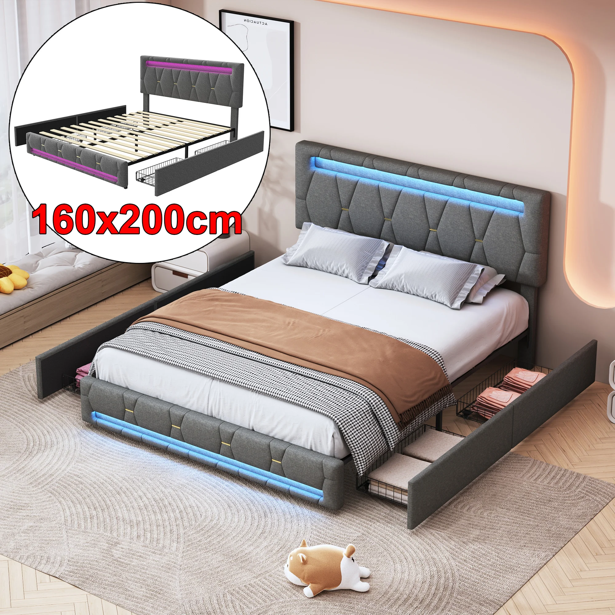 Upholstered Bed 160x200cm with 4 Drawers and Adjustable Headboard,LED Double Storage Bed,Bed Frame Slatted Frame,Linen,grey