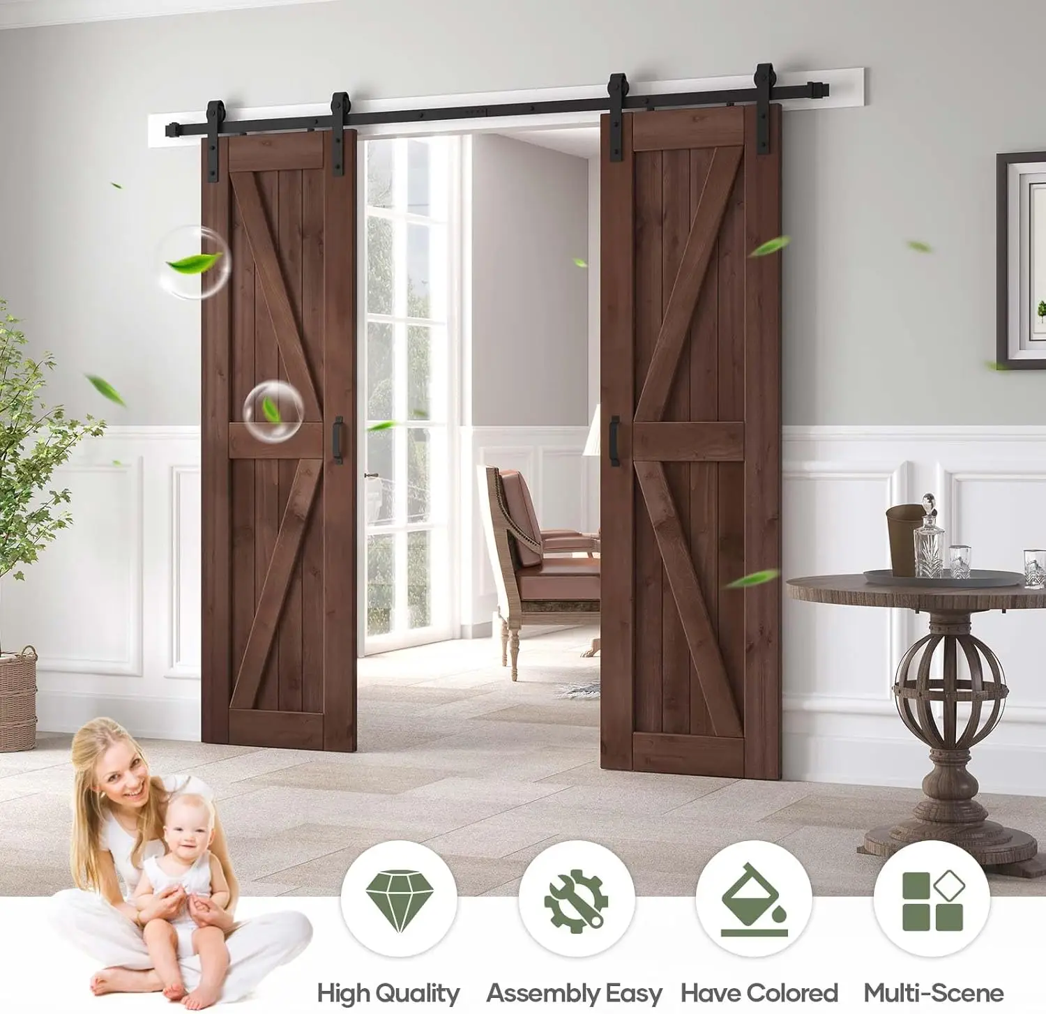 48x84 inch (Double 24×84 inch Door) Sliding Barn Wood Door Slab with 8ft Hardware Kit and Handle, Coffee, K Shape