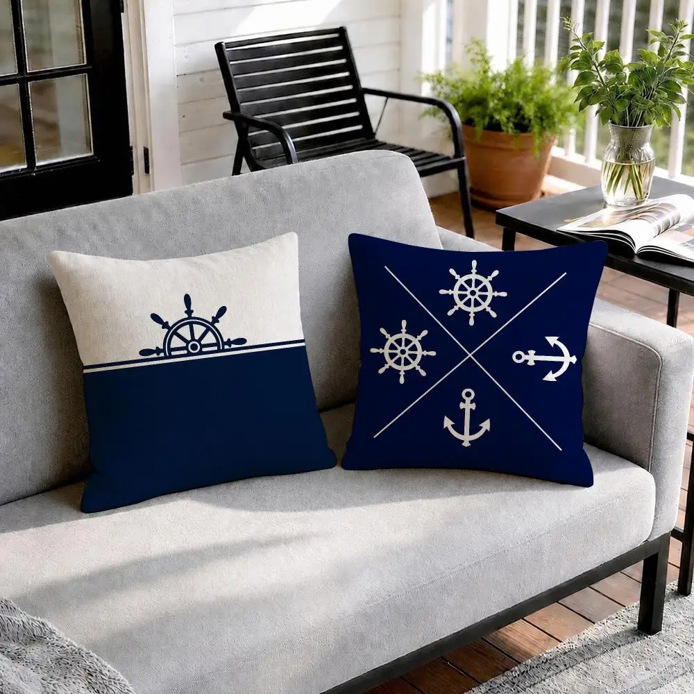 Home Decor Compass Anchor Cushion Cover Natural Linen Organic Fabric Double-Sided Printing Sofa Home Decor Gift Pillow Cover