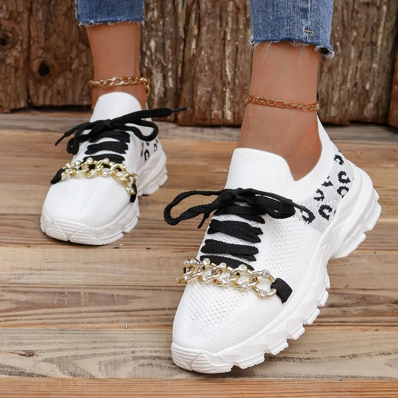 Women's Sneakers New Knitted Leopard Print Low Top Loafers 2026 Fashion Chain Decor Outdoor Casual Women Shoes Кроссовки Женские
