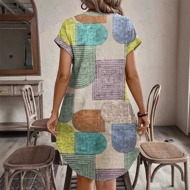 European and American women's clothing foreign summer geometric printing elegant V-neck button up dress
