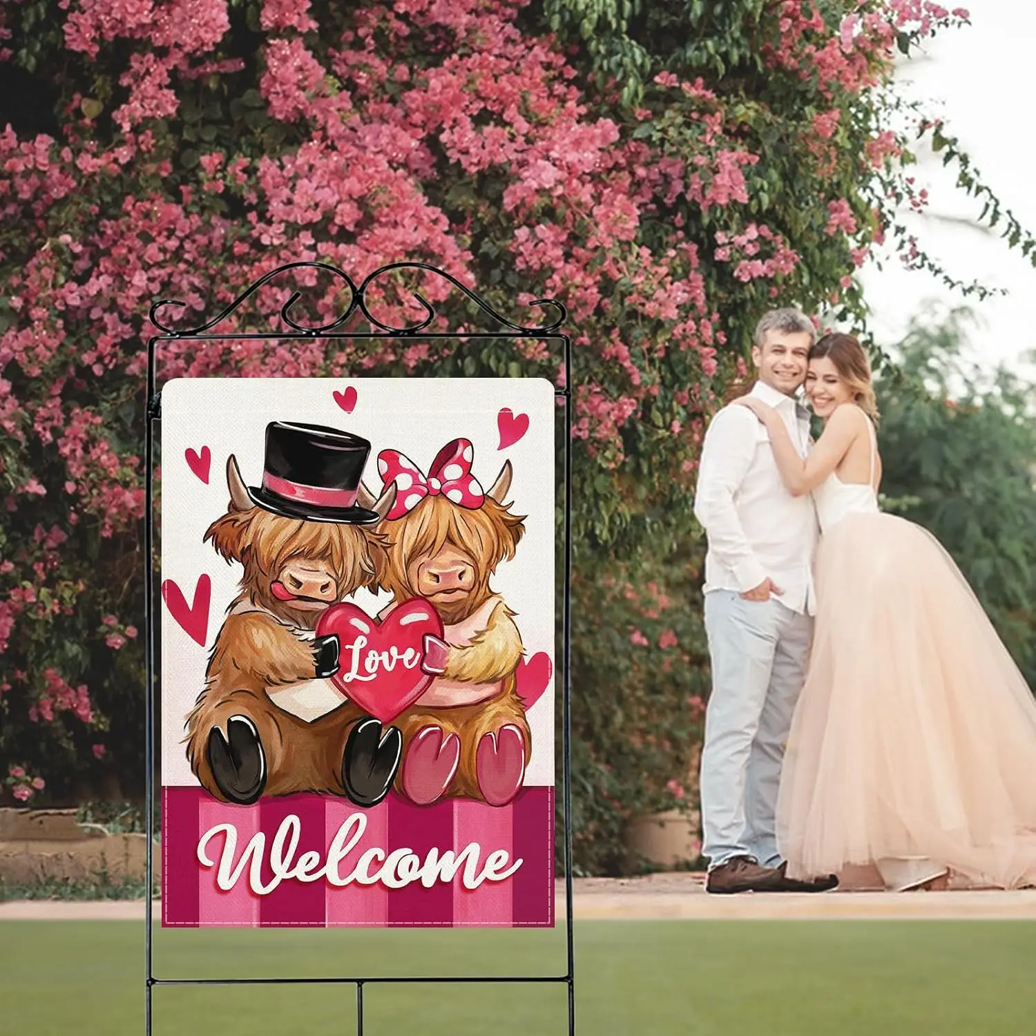Dyrenson Welcome Valentines Day Highland Cow 28 x 40 House Flag Double Sided, Pink Love Hearts Farm Garden Yard Decoration,  PPM