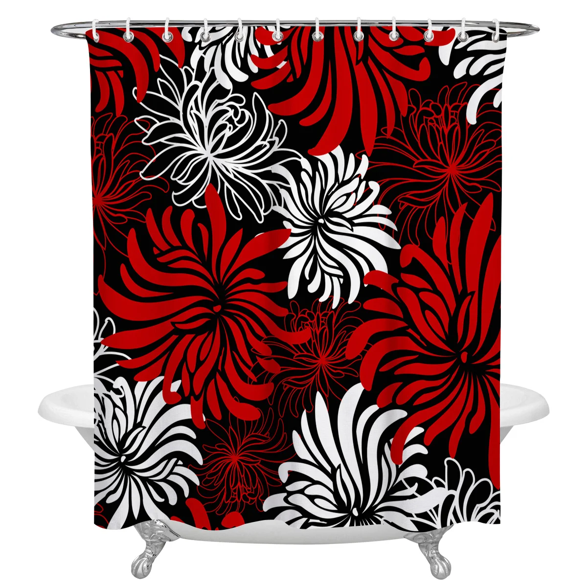 Red Black White Flower Chrysanthemum Waterproof Bathroom Decoration Shower Curtain Printed Bathtub Curtains Bathroom Accessories