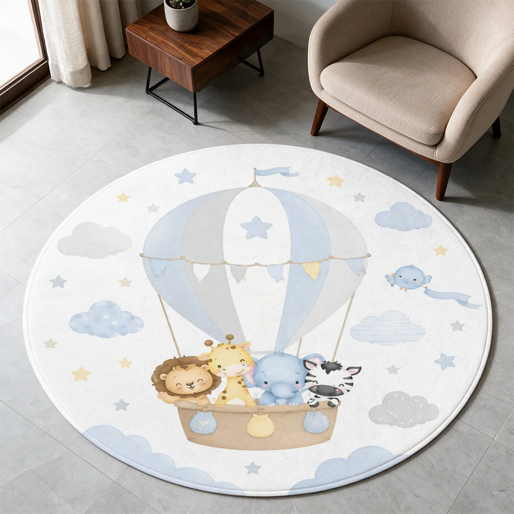 Cute Safari Animals Hot Air Balloon Nursery Rug Play Mat for Baby Kids Room Decor Soft Washable Floor Carpet